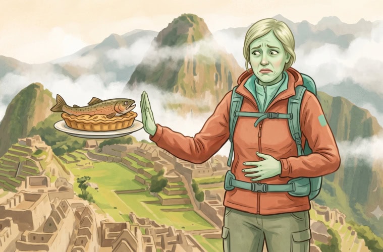 Reise-Fail Peru, grün im Gesicht schiebt eine Reisende vor dem Machu Picchu eine Forellentorte von sich weg