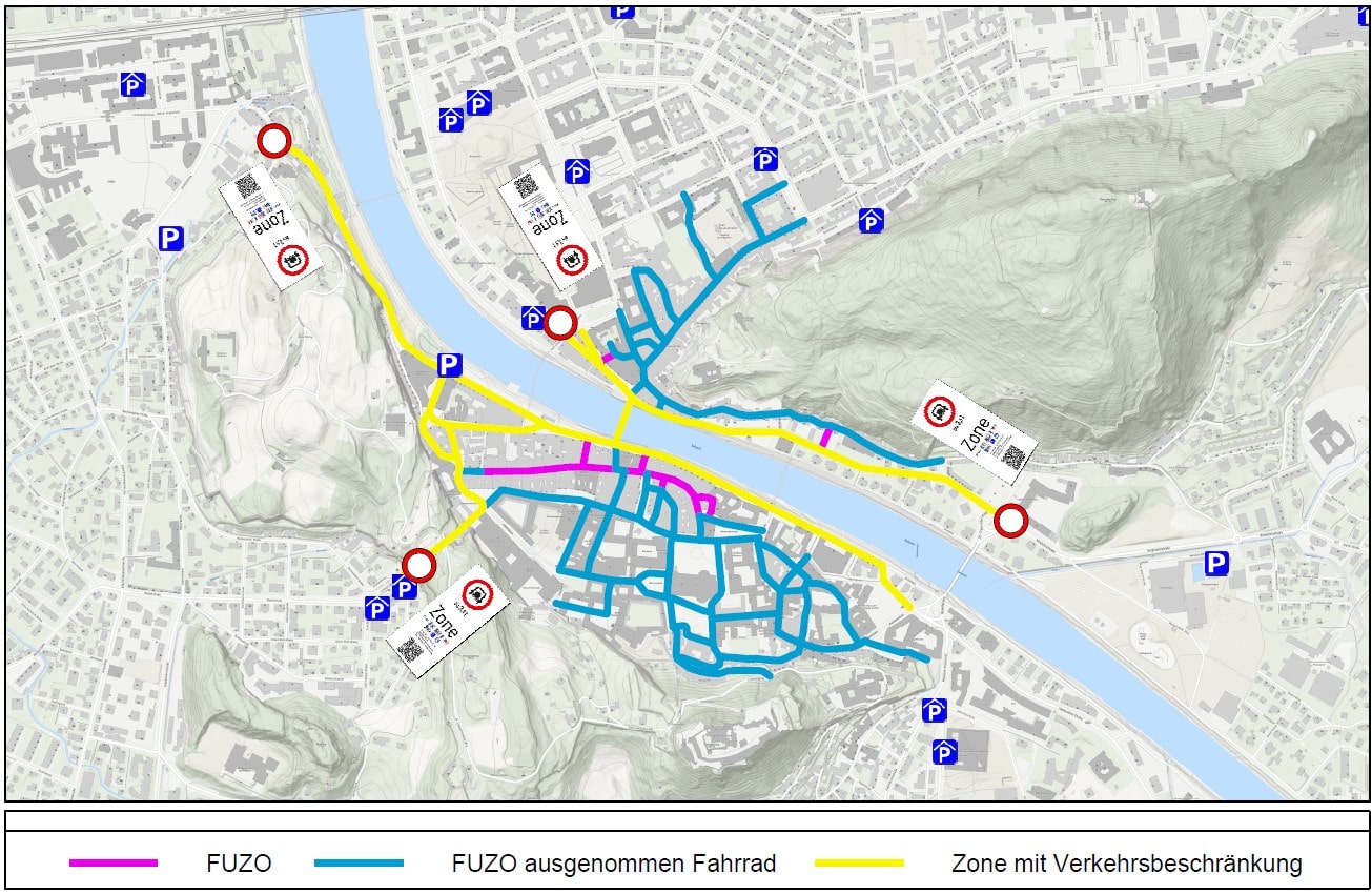 Eine Straßenkarte der Stadt Salzburg; markiert sind Fußgängerzonen sowie für Tagestouristen gesperrte Straßen