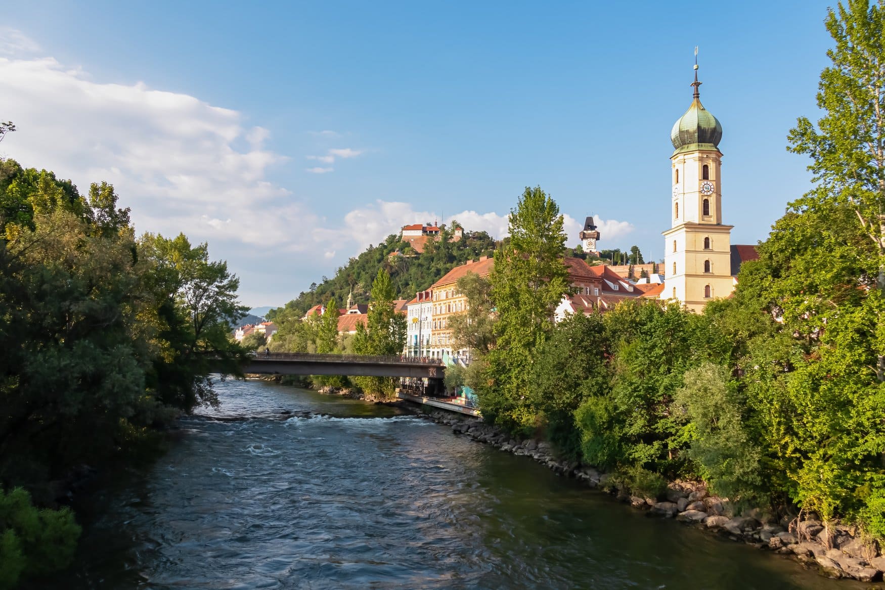 Blick über die Mur in Graz auf die Altstadt mit der Franziskanerkirche und ihrem Zwiebelturm, dahinter der Schlossberg mit dem Uhrturm unter blauem Himmel.