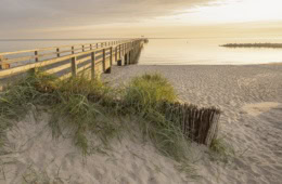 Die hölzerne Seebrücke von Schönberg reicht bei warmem Licht ins ruhige Meer. Im Vordergrund wächst Strandhafer auf der Düne neben einem Birkenzaun.