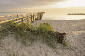 Die hölzerne Seebrücke von Schönberg reicht bei warmem Licht ins ruhige Meer. Im Vordergrund wächst Strandhafer auf der Düne neben einem Birkenzaun.