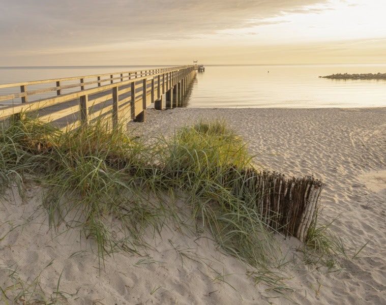 Die hölzerne Seebrücke von Schönberg reicht bei warmem Licht ins ruhige Meer. Im Vordergrund wächst Strandhafer auf der Düne neben einem Birkenzaun.