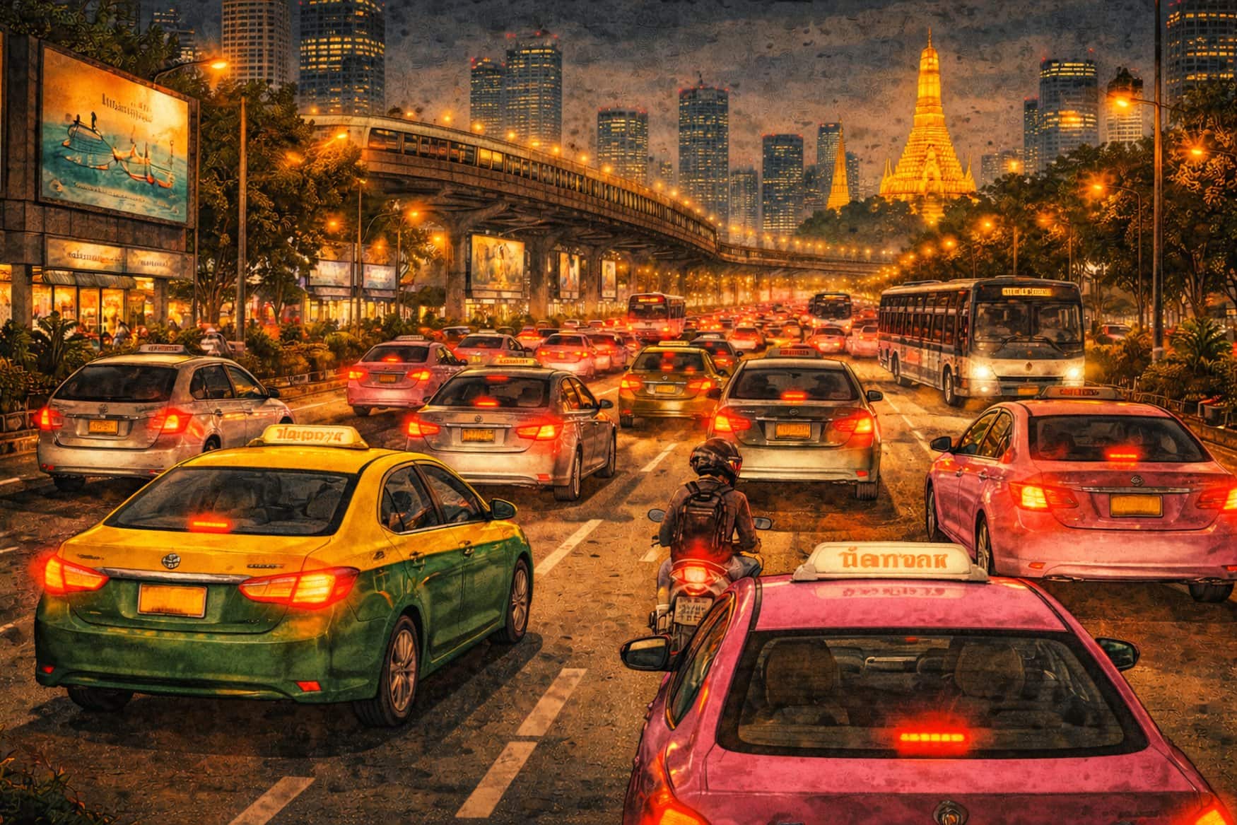 Illustration eines dichten Verkehrsstaus mit mehreren Taxis und Bussen auf einer mehrspurigen Straße in Bangkok, im Hintergrund die beleuchtete Skyline und der Wat Arun.