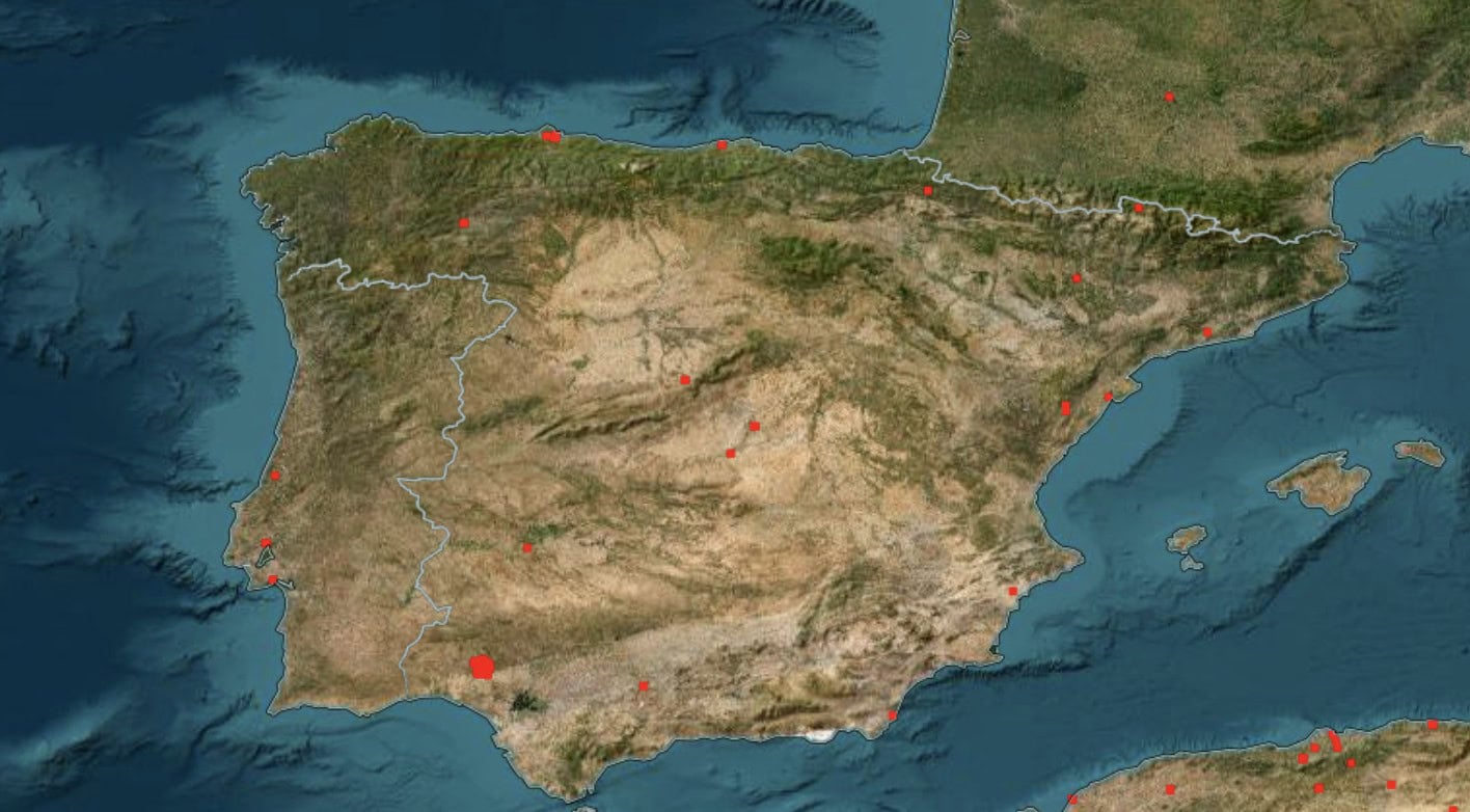 Screenshot einer Karte mit Waldbränden in Spanien.