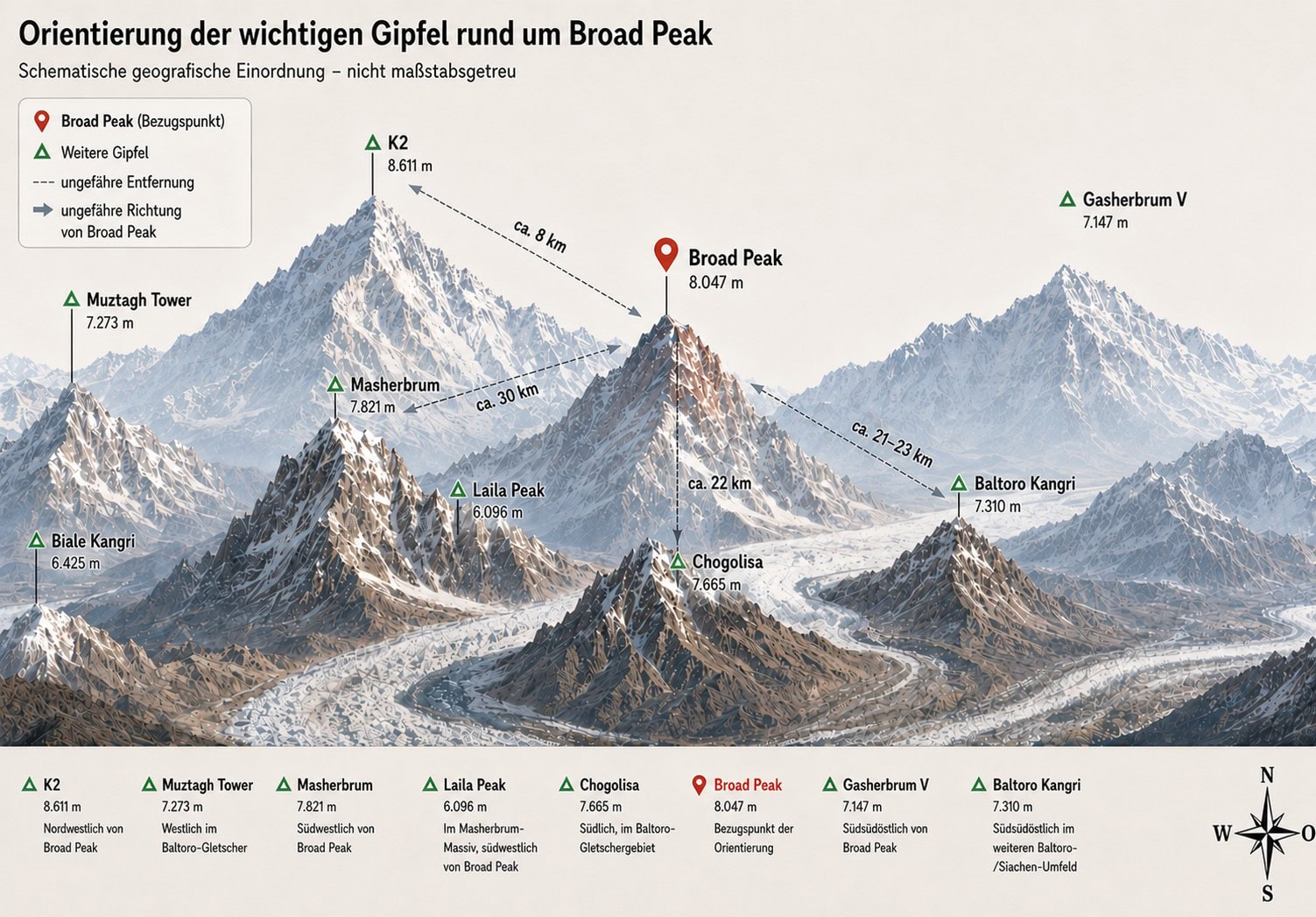 Schematische Infografik zur geografischen Lage von Broad Peak im Karakorum: Broad Peak (8.047 m) im Zentrum, K2 nordwestlich rund 8 km entfernt, Masherbrum und Laila Peak südwestlich, Chogolisa südlich sowie Gasherbrum V und Baltoro Kangri südsüdöstlich. Darstellung nicht maßstabsgetreu.