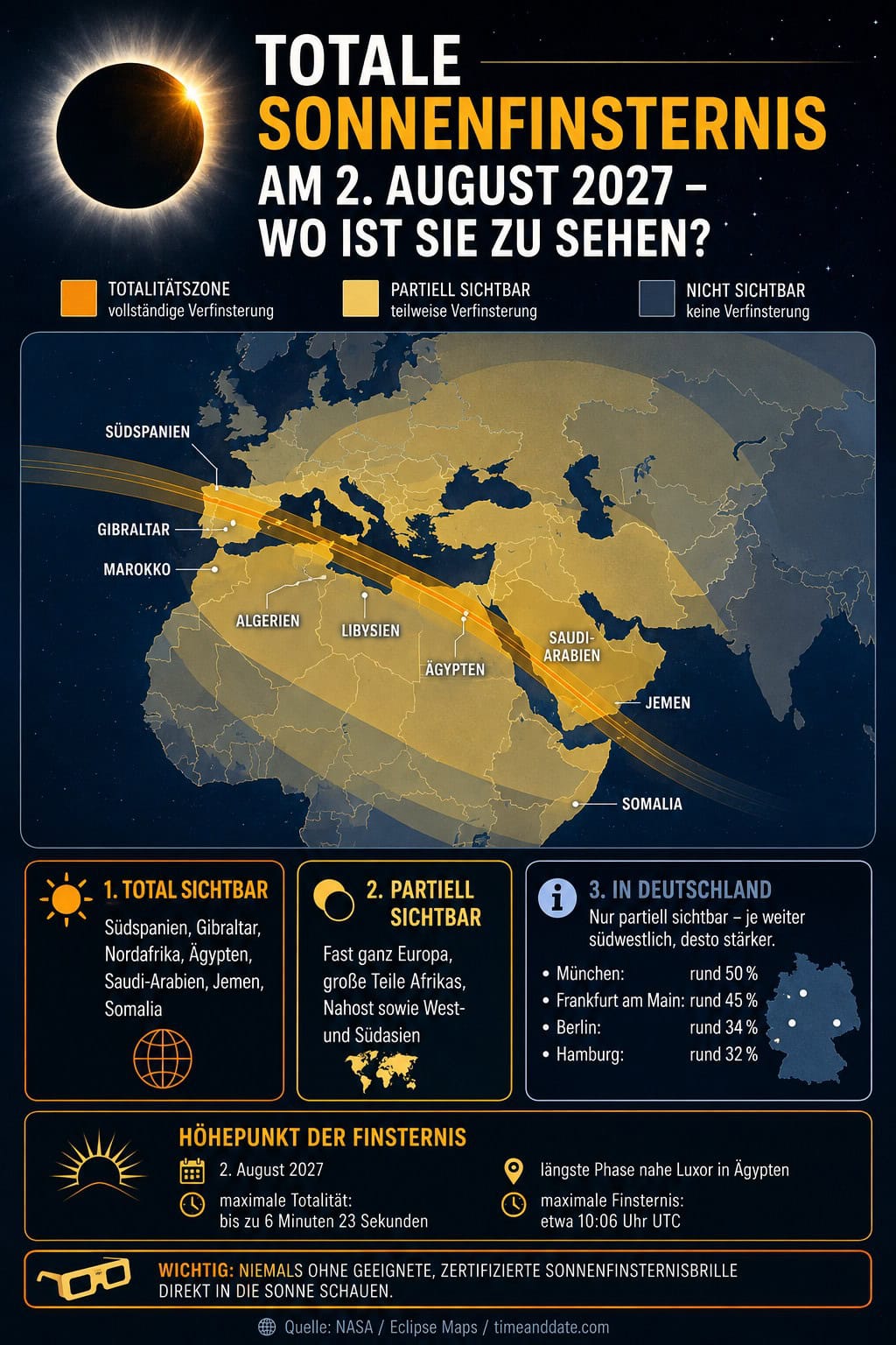 Karte Sonnenfinsternis 2027