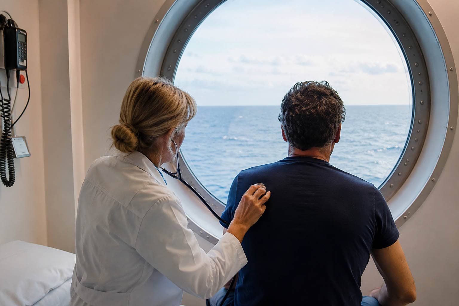 Ärztin und Patient in dem Klinikbereich eines Kreuzfahrtschiffes