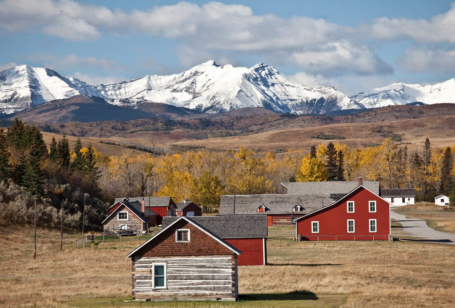 Historische Holzgebäude und rote Scheunen der Bar U Ranch National Historic Site in Longview vor schneebedeckten Gipfeln der Rocky Mountains im Herbst