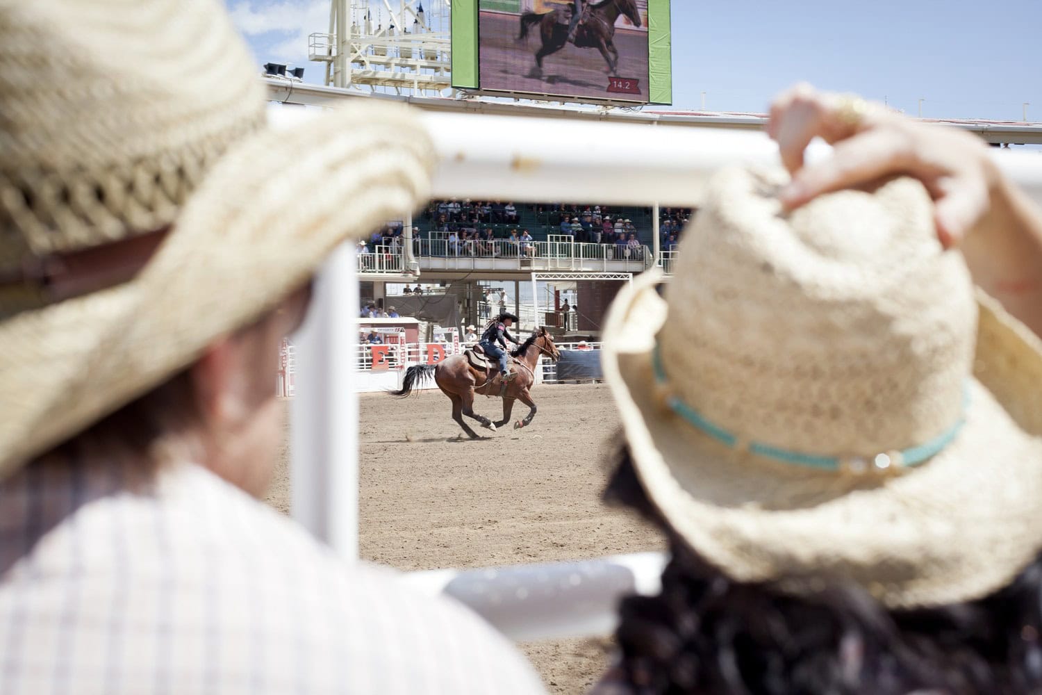 Blick über zwei Strohcowboyhüte hinweg auf eine Barrel-Racing-Reiterin in der Rodeoarena der Calgary Stampede