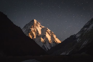 Der K2 im letzten Licht unter einem dichten Sternenhimmel, gesehen aus dem Talschluss von Concordia