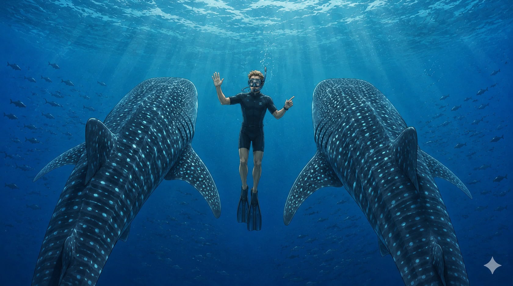 Illustration eines Mannes im Wasser mit zwei Walhaien.