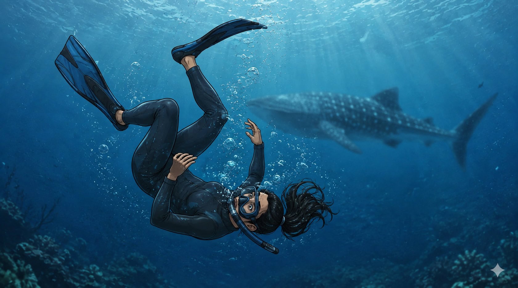 Illustration einer orientierungslosen Frau im Wasser.