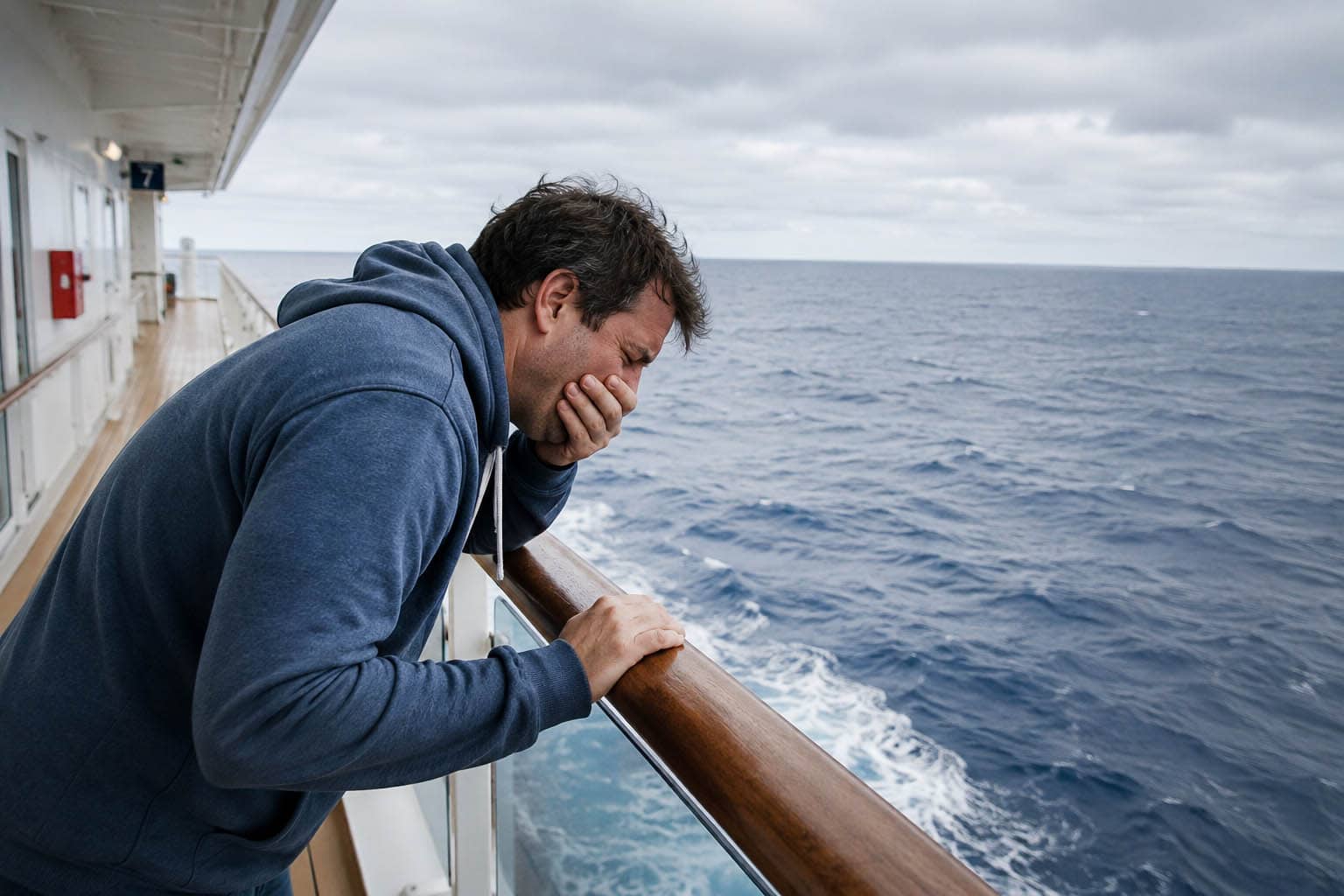 Seekranker Mann an der Reling eines Kreuzfahrtschiffs