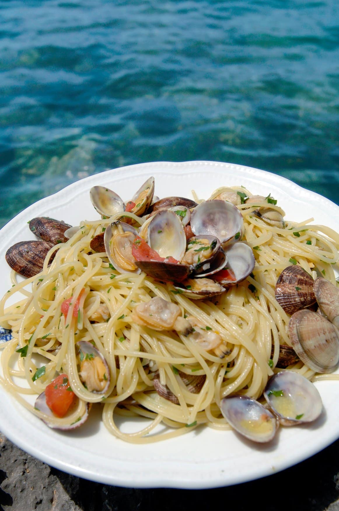 Ein Teller Spaghetti alle vongole mit Venusmuscheln, Tomatenstücken und Petersilie, aufgenommen vor dem Wasser auf Elba.