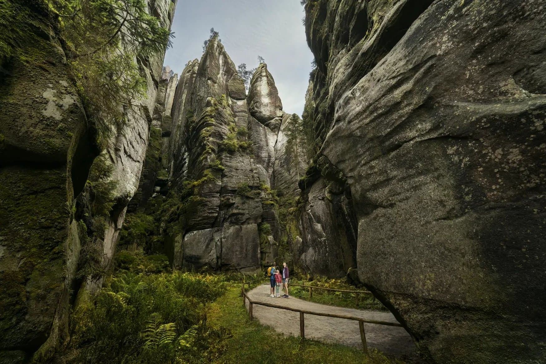 Wanderer stehen zwischen hohen, moosbewachsenen Sandsteinfelsen in einer engen Felsengasse, umgeben von schroffen Felstürmen.