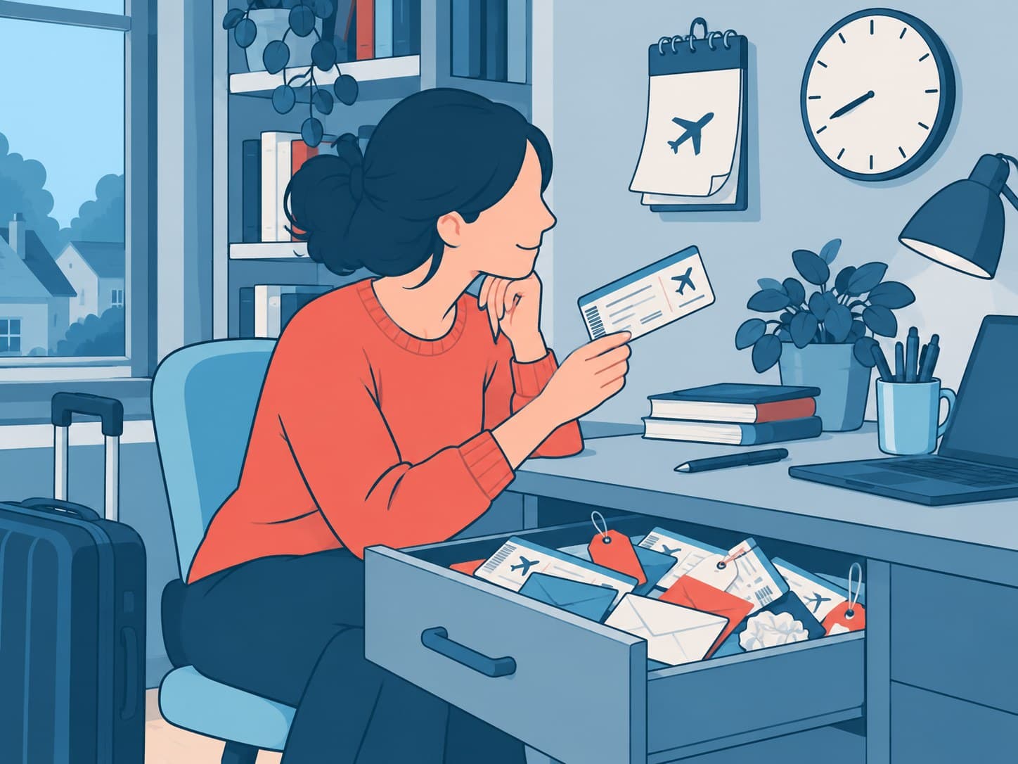 Illustration: Eine Frau in rotem Pullover sitzt am Schreibtisch und betrachtet eine alte Bordkarte, in der geöffneten Schublade liegen weitere Bordkarten, Umschläge und Kofferanhänger, an der Wand hängen ein Kalender und eine Uhr.