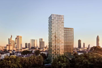 endering des Roomers ParkView in Frankfurt: zwei versetzte Hochhaustürme am Grüneburgpark im Abendlicht, dahinter die Skyline mit Bankentürmen und Messeturm