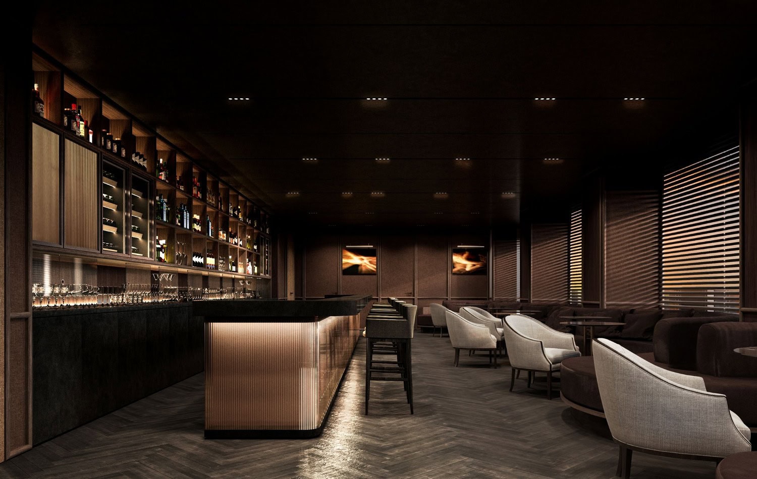 Rendering der Bar im Roomers ParkView Frankfurt mit beleuchtetem Tresen aus geriffeltem Glas, Flaschenregalen und hellen Sesseln auf Fischgrätparkett