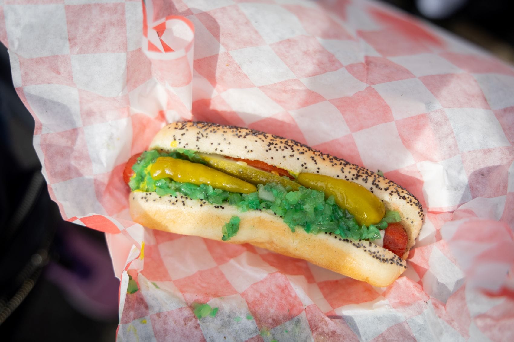 Chicago-Style Hot Dog mit Senf, Relish, Gurke und Sport Peppers