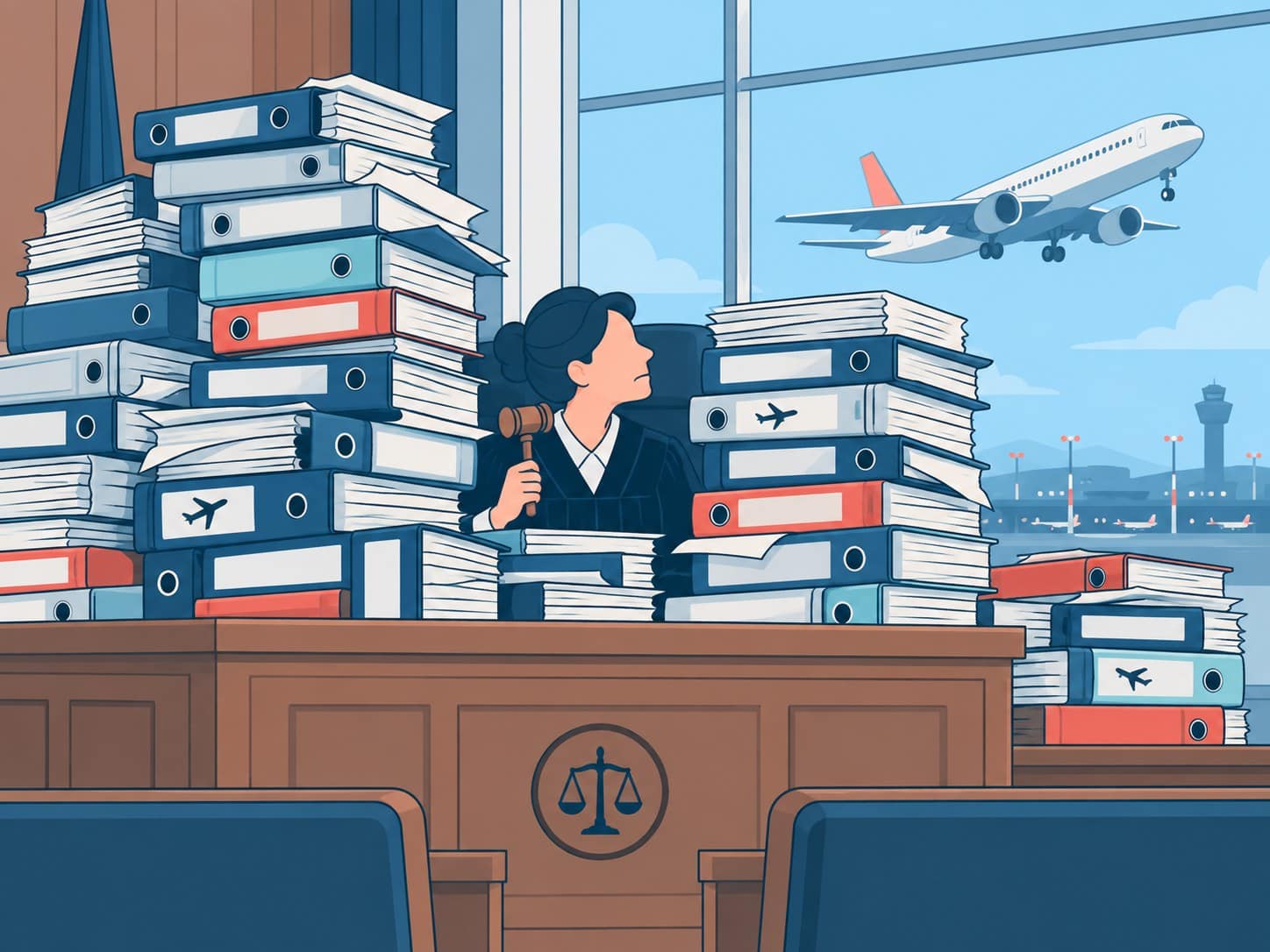 Illustration: Eine Richterin mit Hammer sitzt zwischen hohen Stapeln von Aktenordnern mit Flugzeugsymbolen, durch das Fenster hinter ihr startet ein Flugzeug.