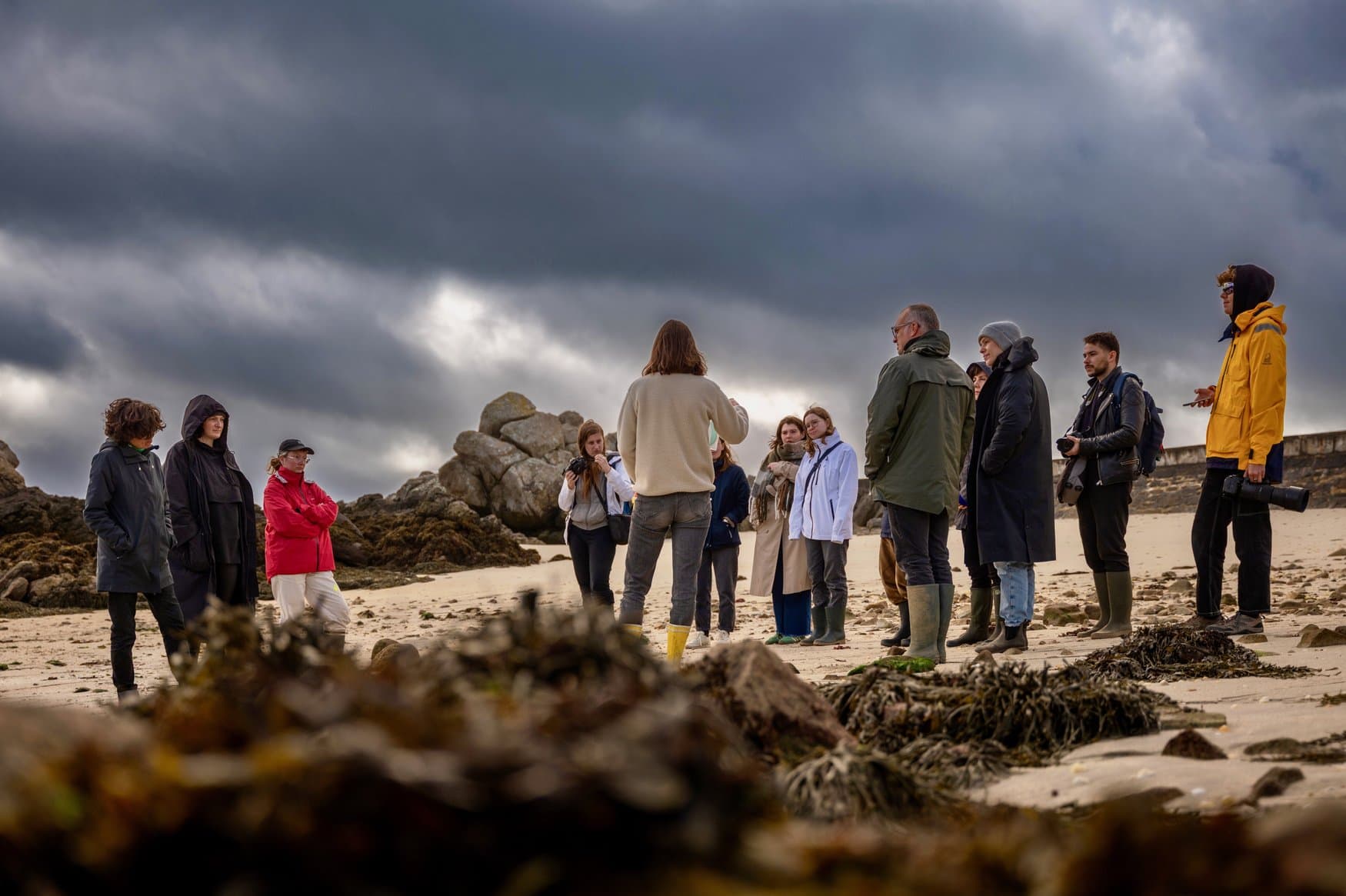 Eine Gruppe von Menschen in Regenjacken und Gummistiefeln steht im Halbkreis auf einem Strand und hört einer Führerin zu. Über ihnen hängt eine dunkle Wolkendecke, im Vordergrund liegen algenbewachsene Felsen.