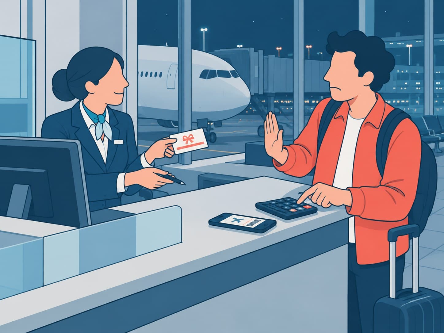 Illustration: Eine Airline-Mitarbeiterin reicht am Gate-Schalter einen Gutschein über den Tresen, ein Passagier in roter Jacke lehnt mit erhobener Hand ab und tippt auf einem Taschenrechner, daneben liegt sein Smartphone mit Bordkarte.