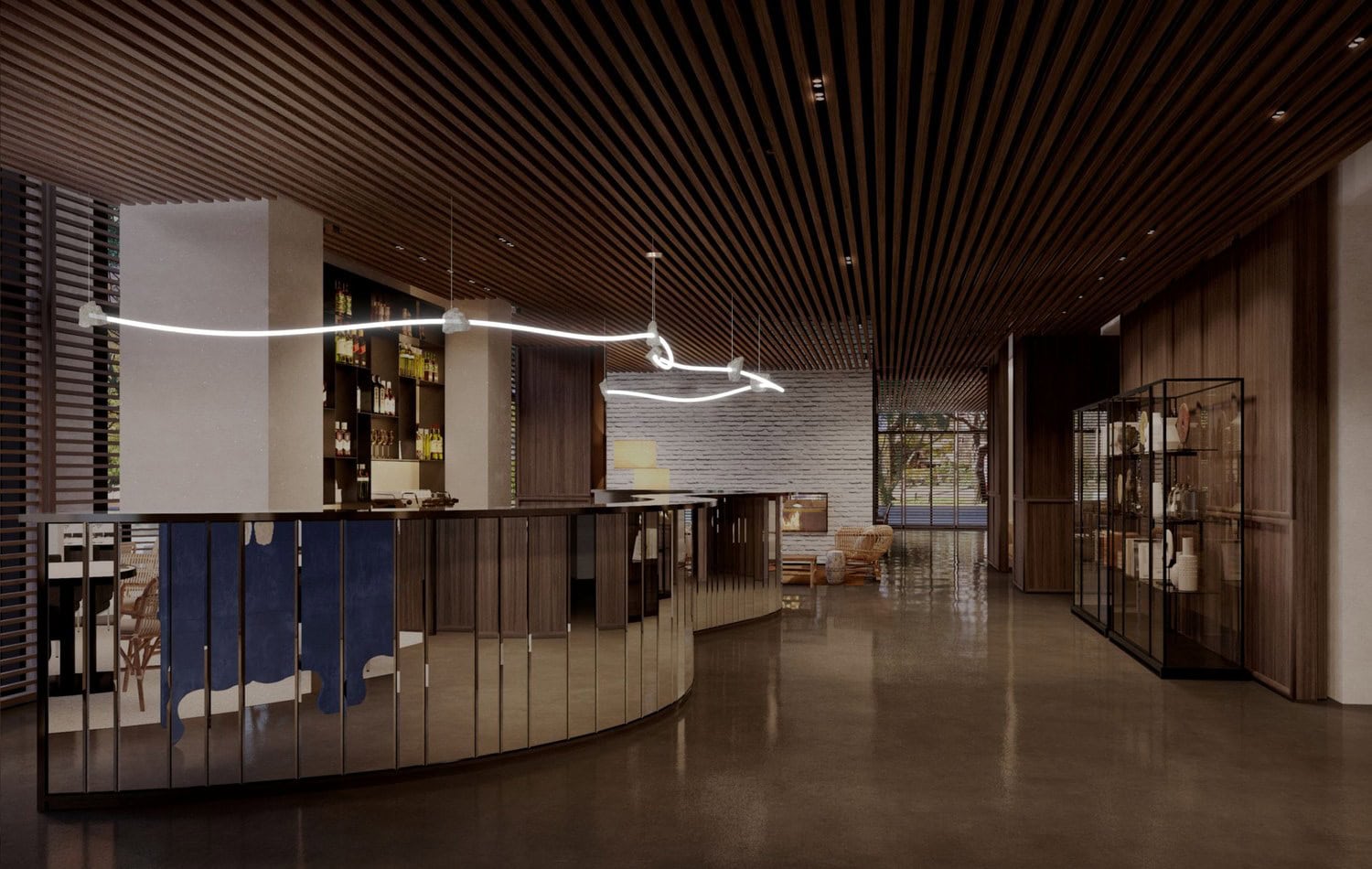 Rendering der Lobby im Roomers ParkView Frankfurt mit geschwungenem, verspiegeltem Empfangstresen, Holzlamellendecke und leuchtender Lichtskulptur