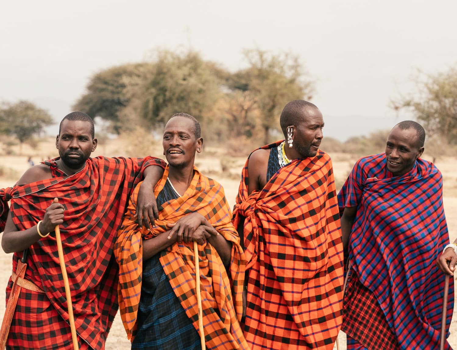 Vier Maasai-Männer in karierten Shukas mit Hirtenstäben stehen nebeneinander in der Savanne und unterhalten sich.