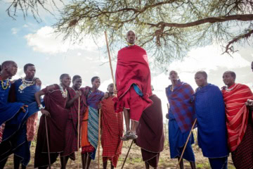 Ein Maasai-Mann in rotem Tuch springt beim traditionellen Sprungtanz hoch in die Luft, umringt von singenden Männern in bunten Shukas unter einer Akazie.