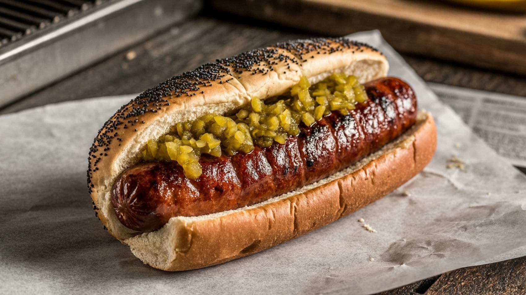 Maxwell Street Polish mit gegrillter Wurst im Brötchen in Chicago