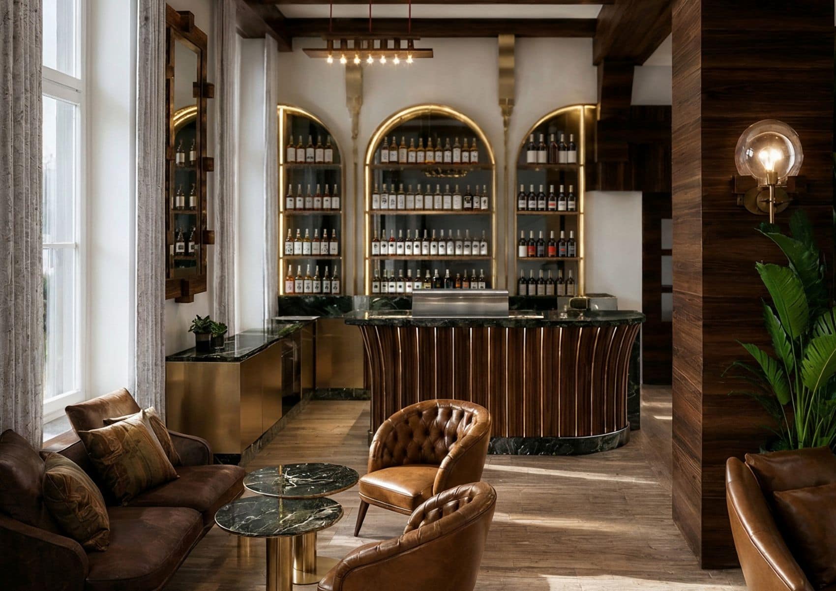 Bar im Café de Mazagg im MAZAGGS am Achensee mit dunklem Holz, Marmor, Messingdetails und Ledersesseln