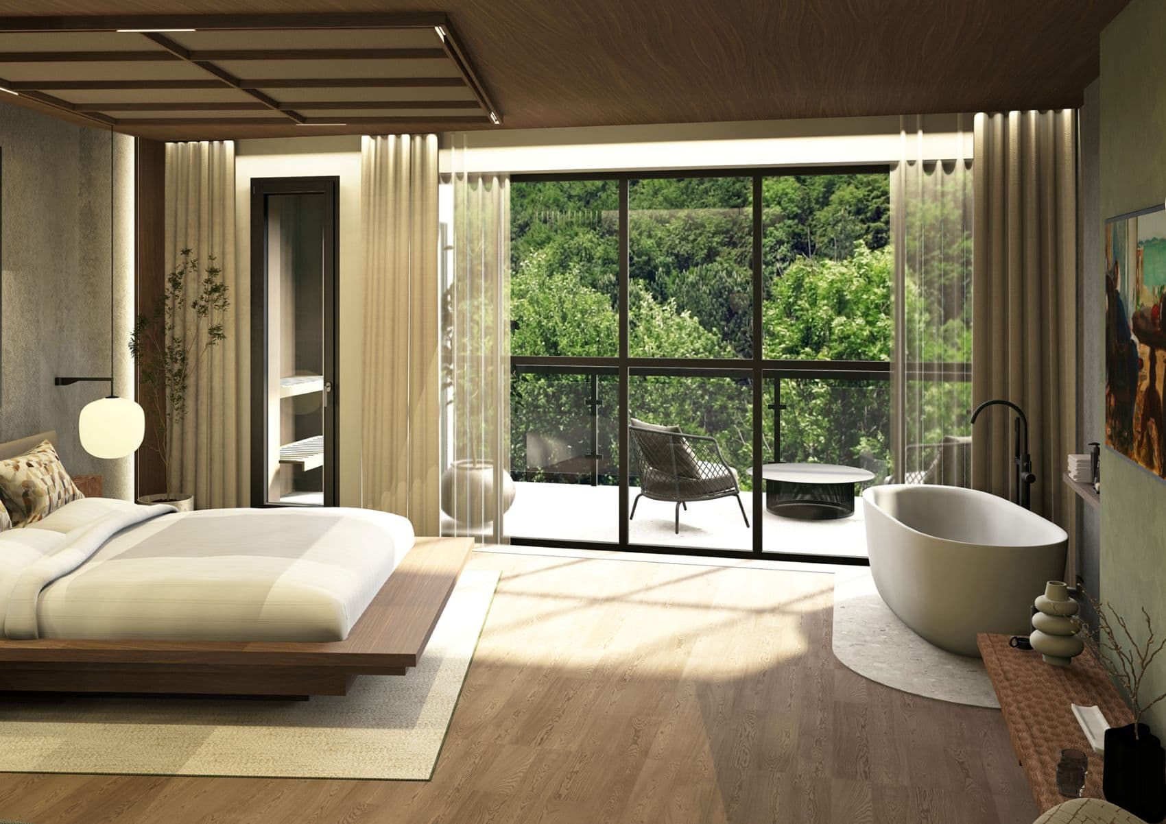 Deluxe-Zimmer im Pavillon des MAZAGGS am Achensee mit freistehender Badewanne und Terrasse