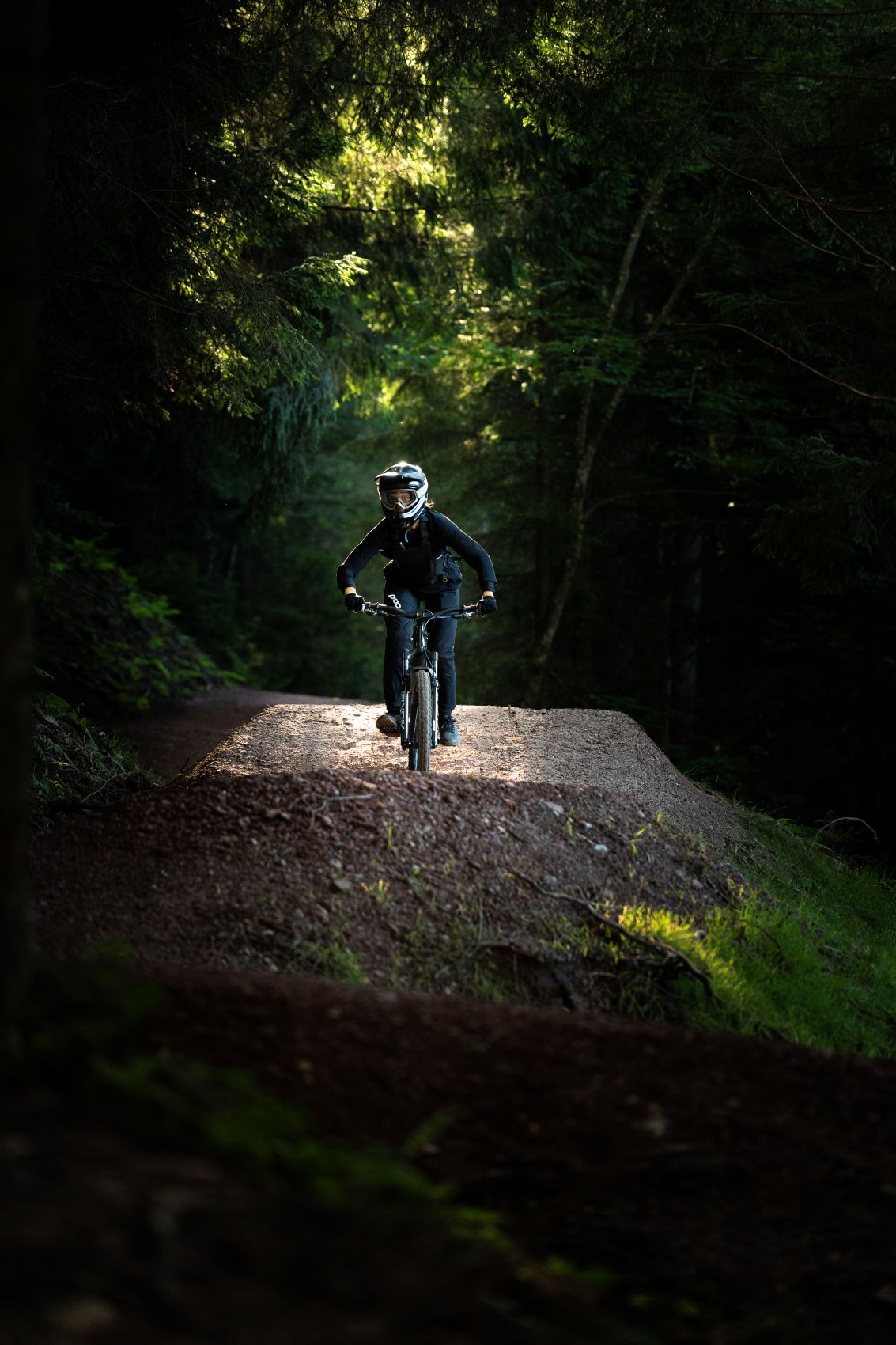 Mountainbiker fährt über einen Trail durch den Wald bei Fieberbrunn in Tirol.