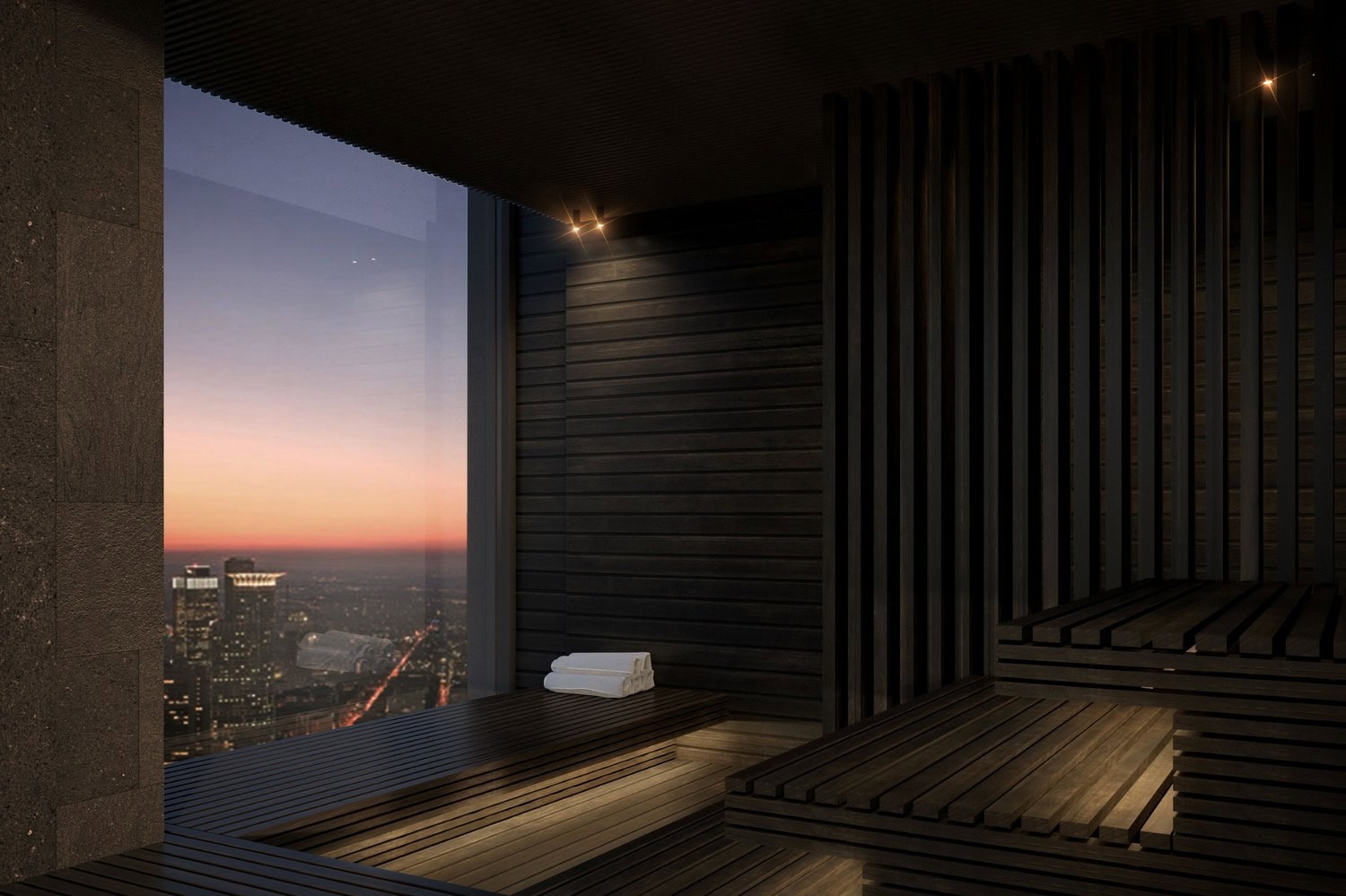 Rendering der Sauna im Roomers Spa im 18. Stock mit dunklen Holzbänken und Panoramafenster zur Frankfurter Skyline in der Abenddämmerung