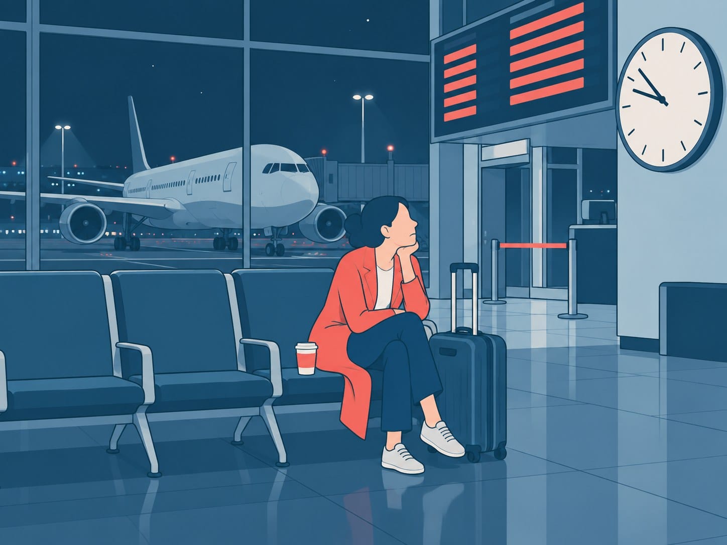 Illustration: Eine Frau in rotem Mantel wartet nachts mit Rollkoffer und Kaffeebecher allein am Gate, blickt auf eine große Wanduhr, draußen steht ein Flugzeug auf dem Vorfeld.
