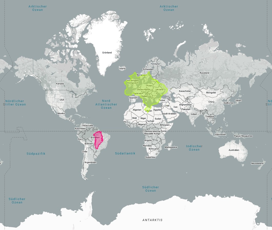 Screenshot der Website thetruesize.com, der die Umrisse von Brasilien auf Europa und von Grönland auf Brasilien zeigt.