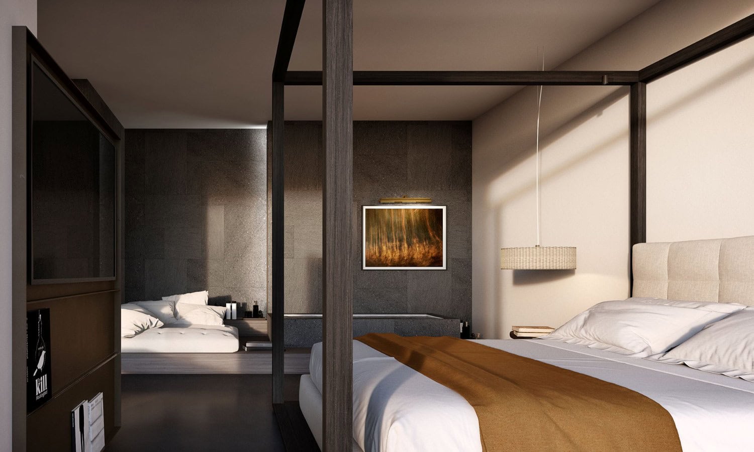 Rendering eines Zimmers im Roomers ParkView Frankfurt mit dunklem Himmelbett aus Holz, Steinbadewanne und Daybed vor einer Natursteinwand