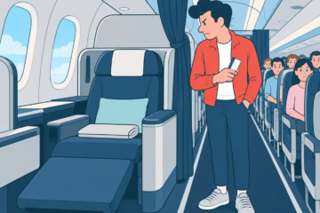 Illustration: Ein Mann in roter Jacke sitzt eingeengt in einem schmalen Economy-Sitz, hält seine Bordkarte und blickt über den Gang auf einen leeren Business-Class-Sitz mit ausgefahrener Beinstütze.