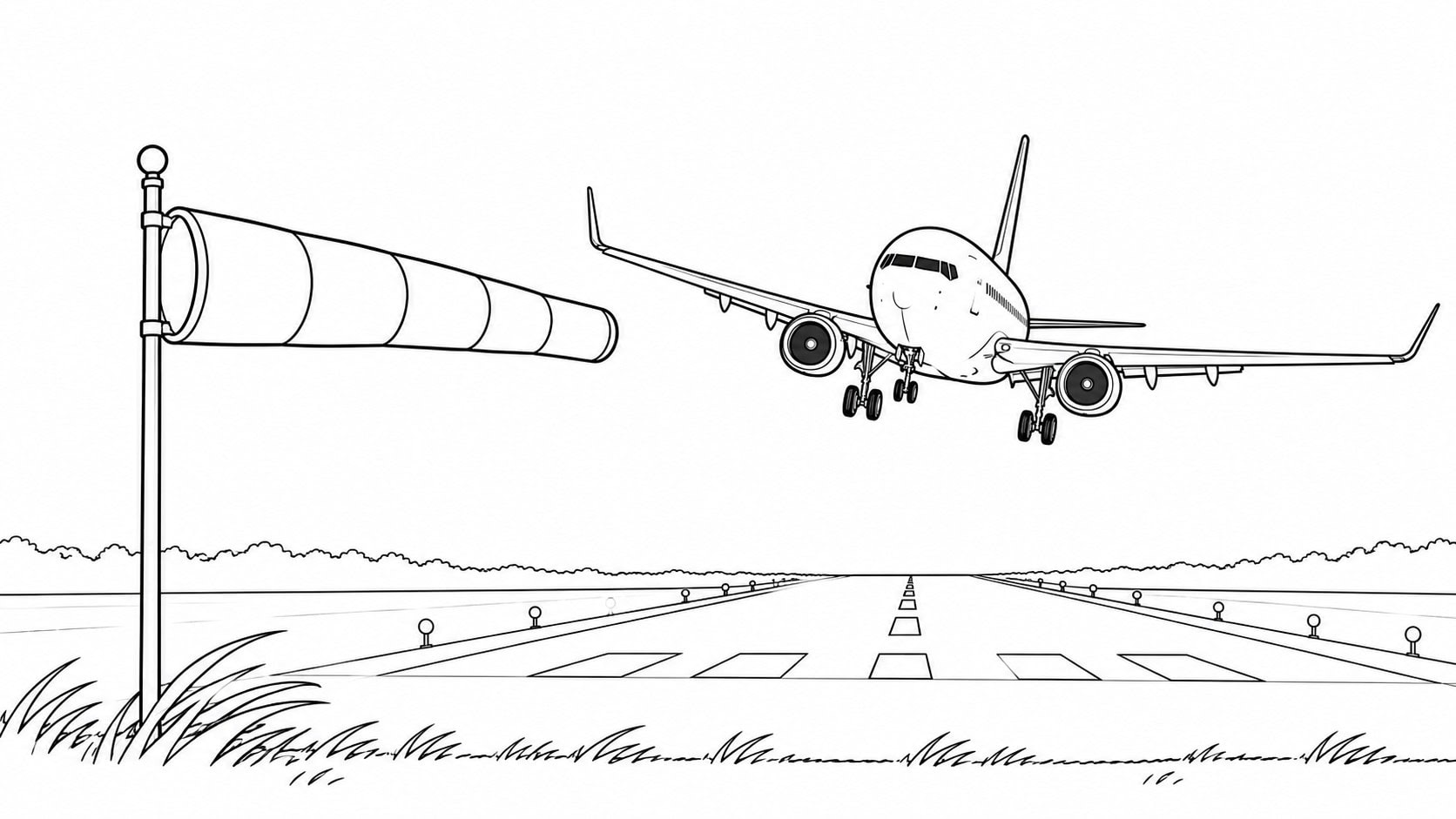 Jumbojet wird durch starke Winde bei der Landung beeinflusst. Illustration.
