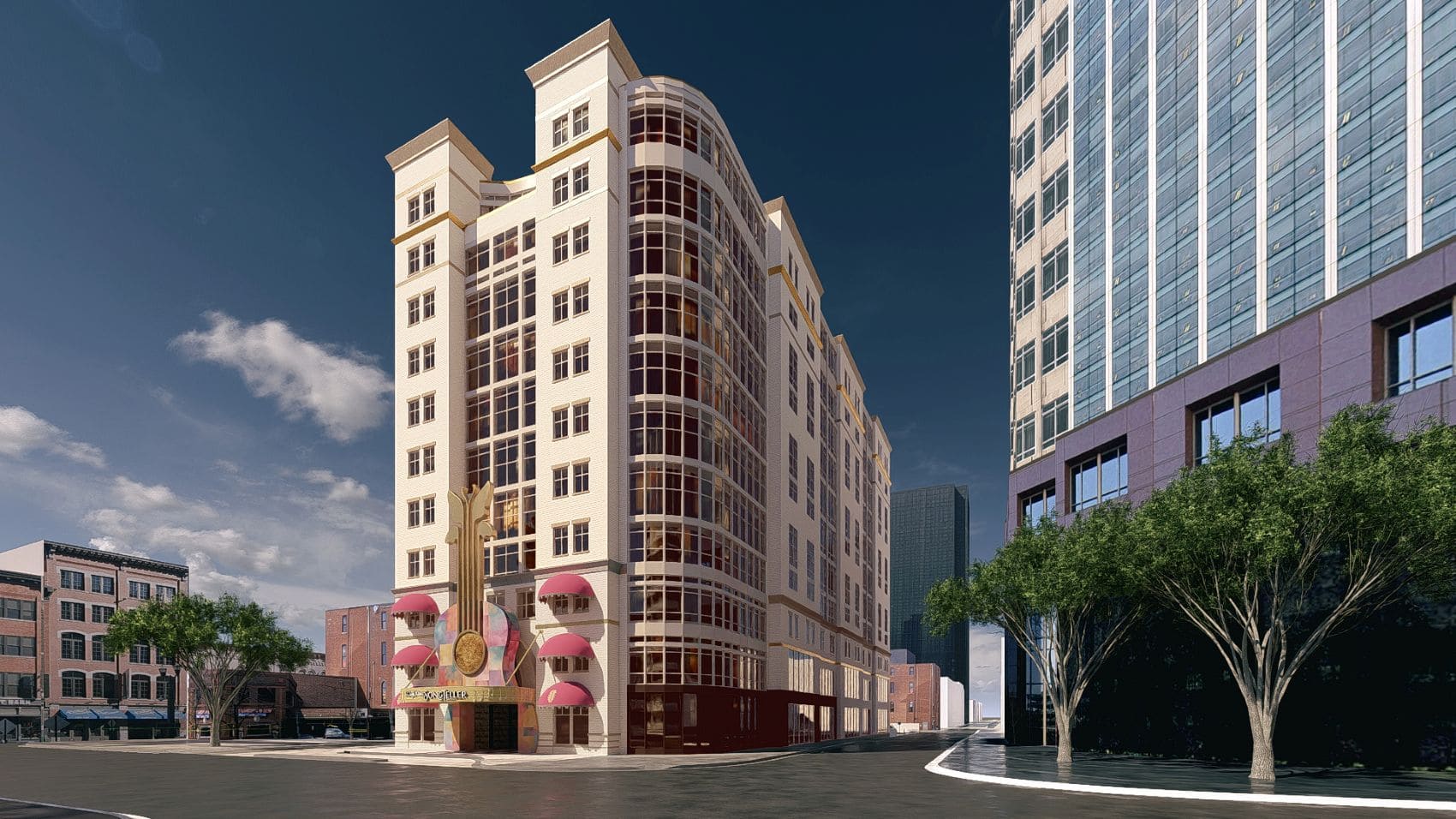 Außenansicht des SongTeller Hotels in Nashville mit großem Gitarrenmotiv am Eingang