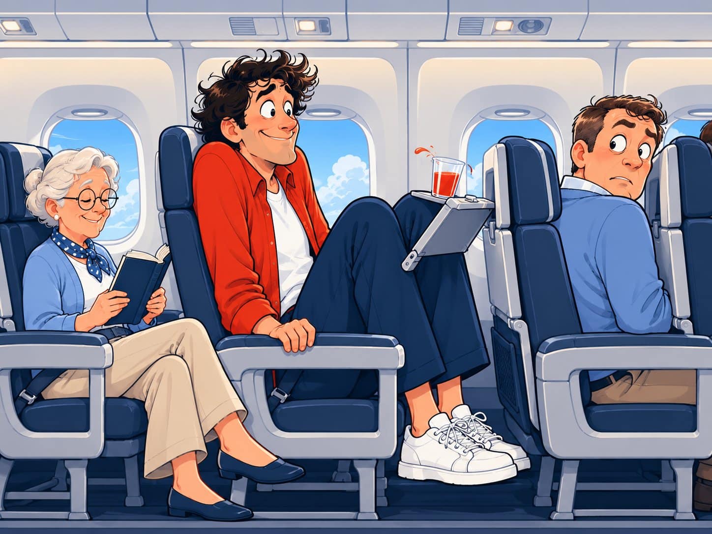 Illustration: Großer Mann sitzt eingeklemmt in der Economy Class, die Knie stecken unter dem Klapptisch des Vordersitzes, daneben liest eine ältere Dame entspannt