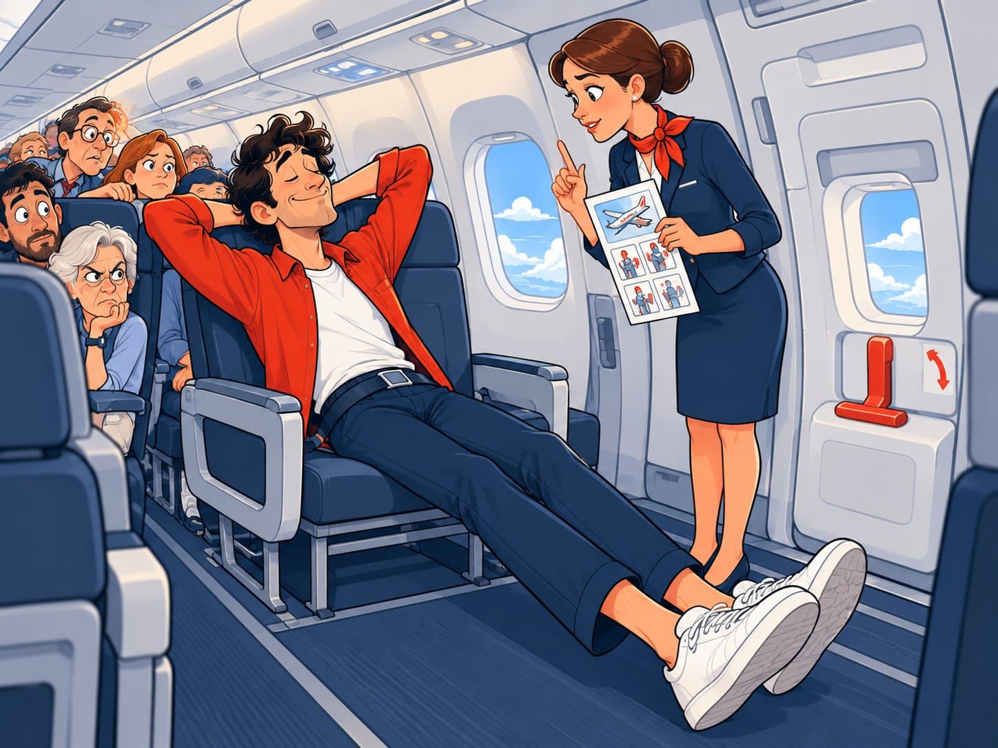 Illustration: Großer Mann streckt am Notausgang im Flugzeug entspannt die Beine aus, eine Flugbegleiterin erklärt ihm die Sicherheitskarte