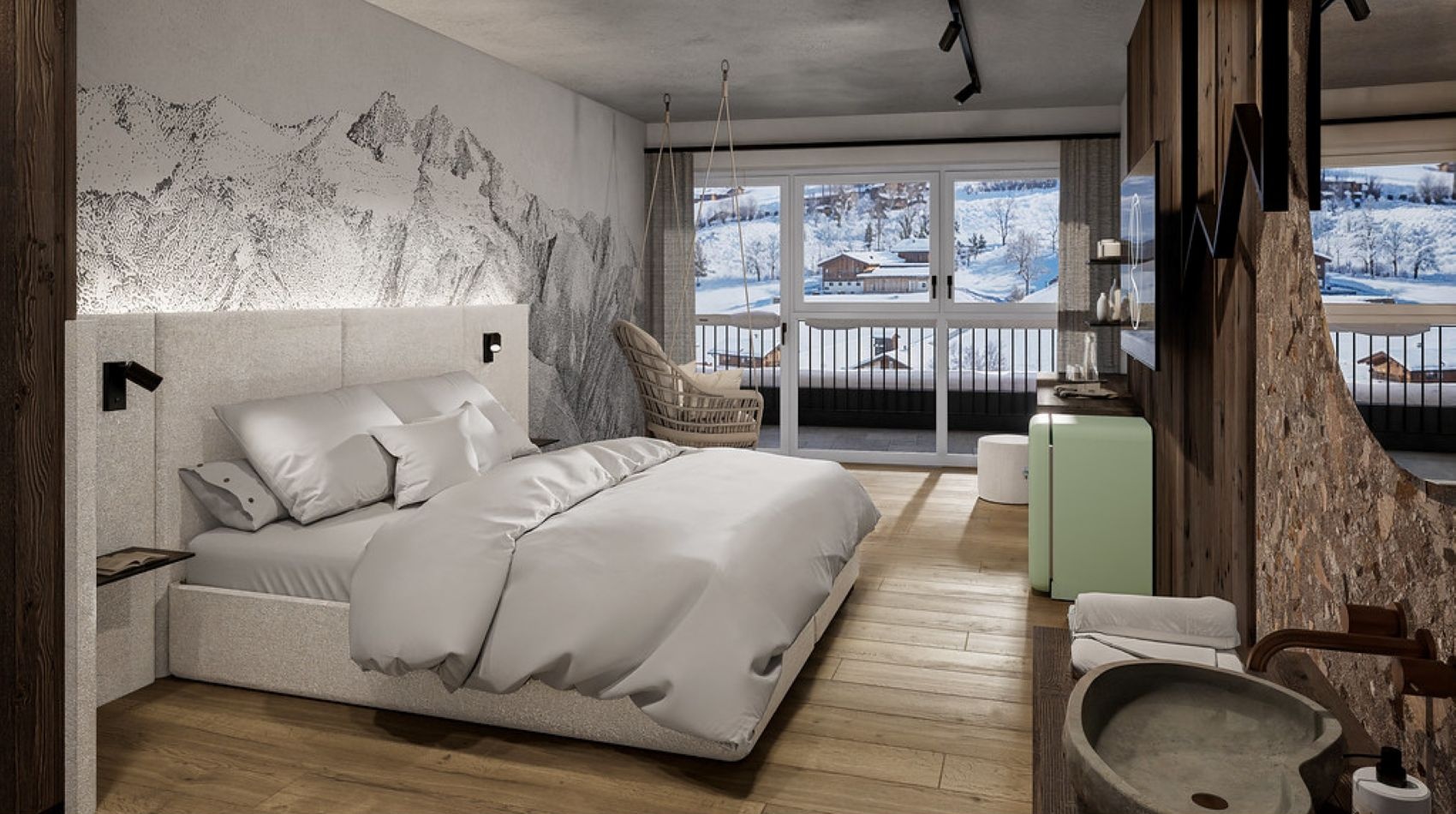 Visualisierung eines Gästezimmers im glockna in Fusch am Großglockner mit Doppelbett, Bergzeichnung an der Wand, Naturstein, Balkon und Blick auf verschneite Berge.