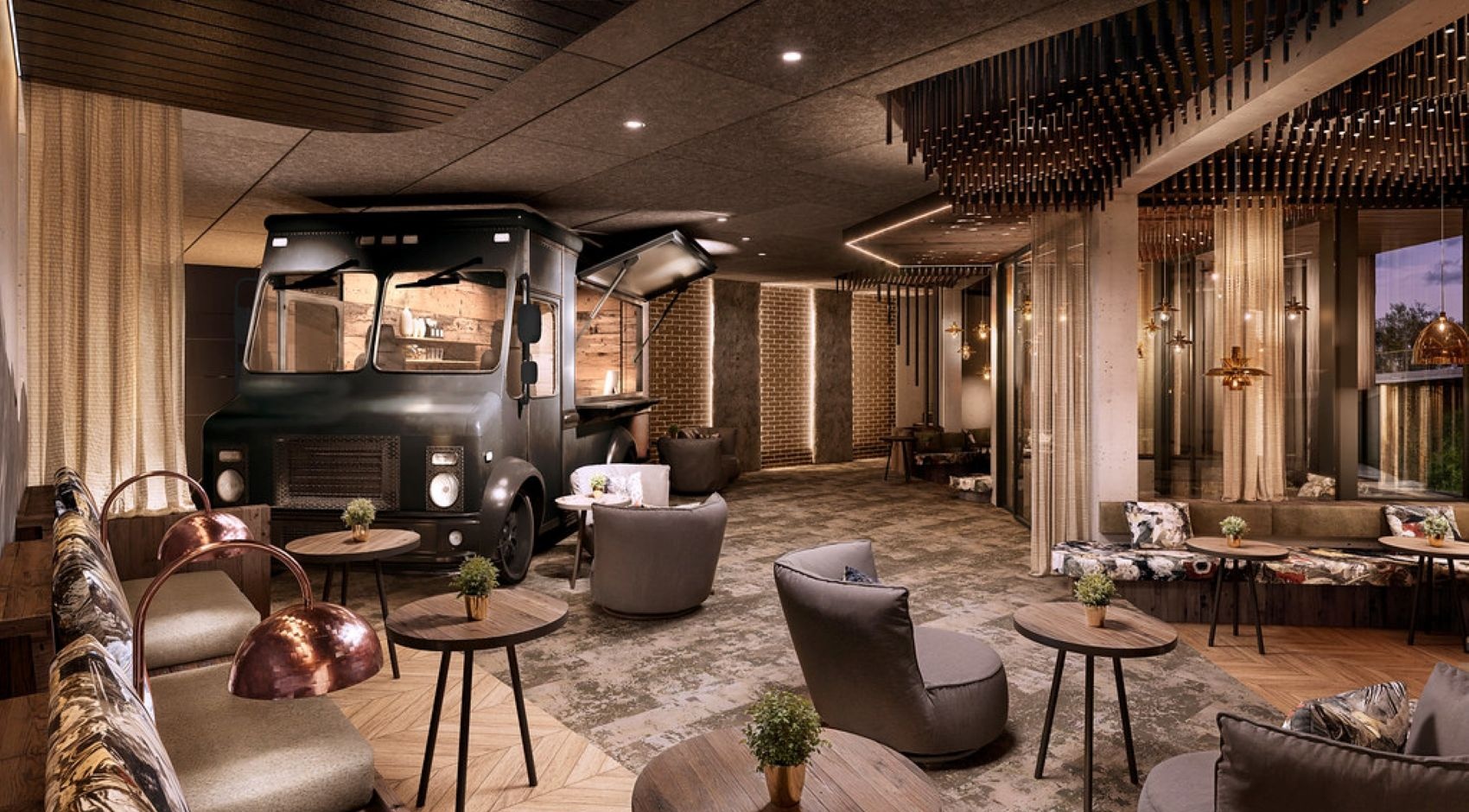 Visualisierung der Lobby im glockna am Großglockner mit dunkelgrauem Foodtruck, gemütlichen Sitzgruppen, kupferfarbenen Leuchten und moderner Holzgestaltung.