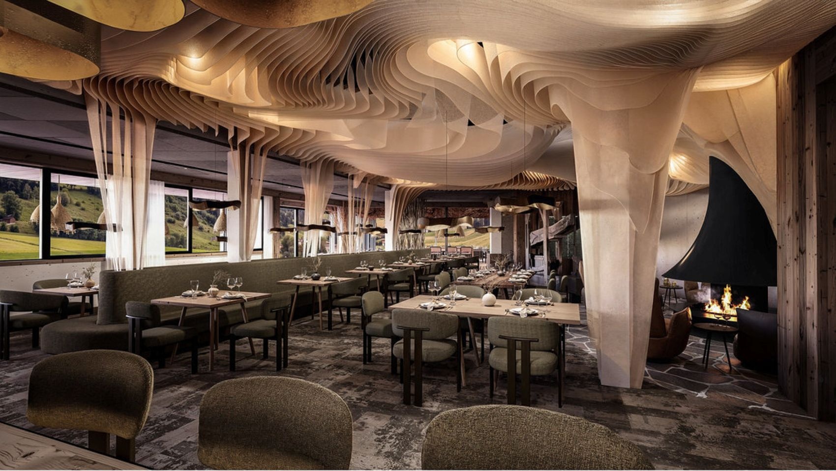Visualisierung des Restaurants im glockna in Fusch am Großglockner mit skulpturaler Holzdecke, gedeckten Tischen, großen Panoramafenstern und schwarzem Kamin.