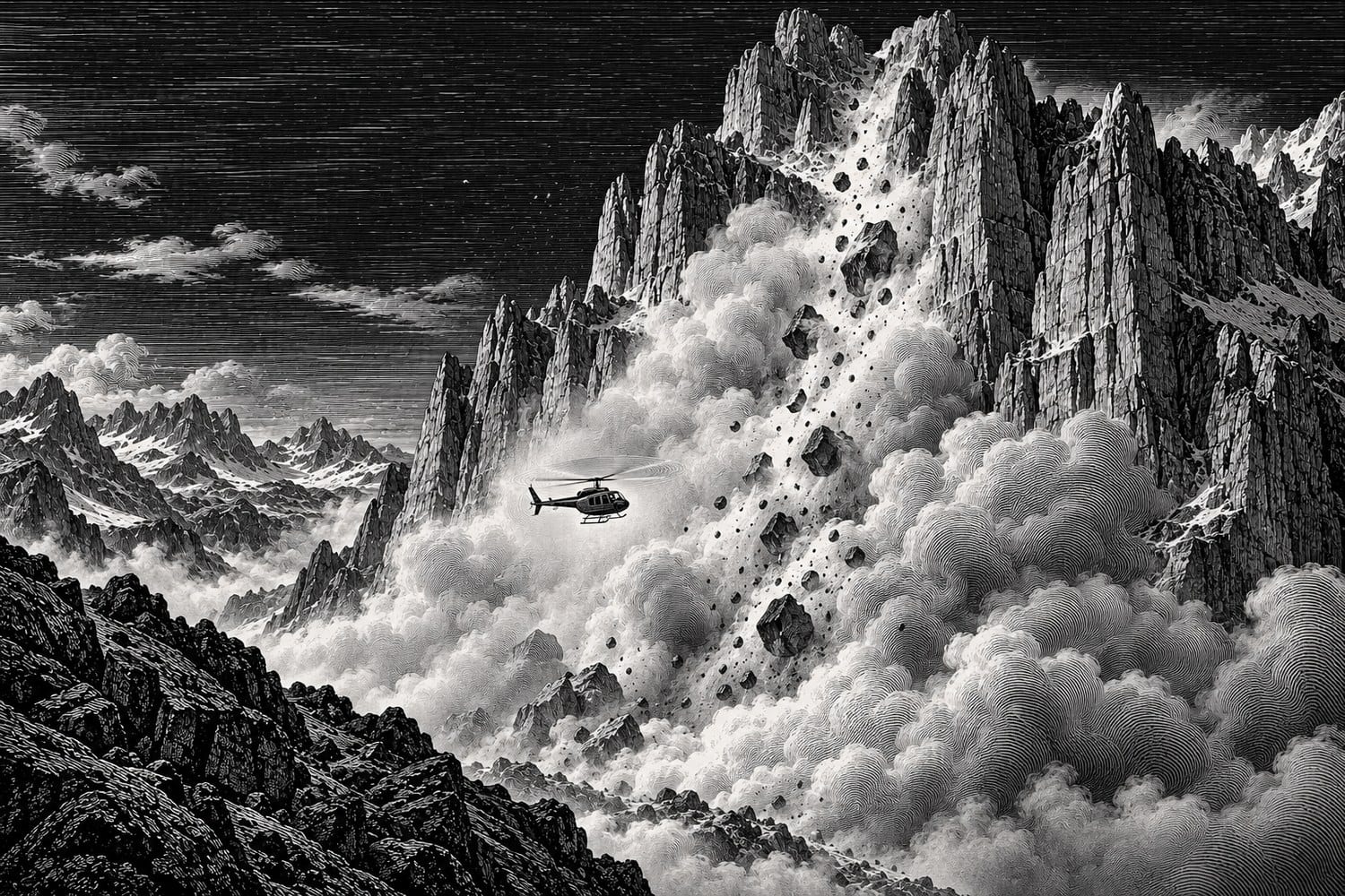 Holzstich-Illustration: Rettungshubschrauber vor einer Dolomitenwand, an der ein Felssturz mit Gesteinsbrocken und dichter Staubwolke niedergeht.