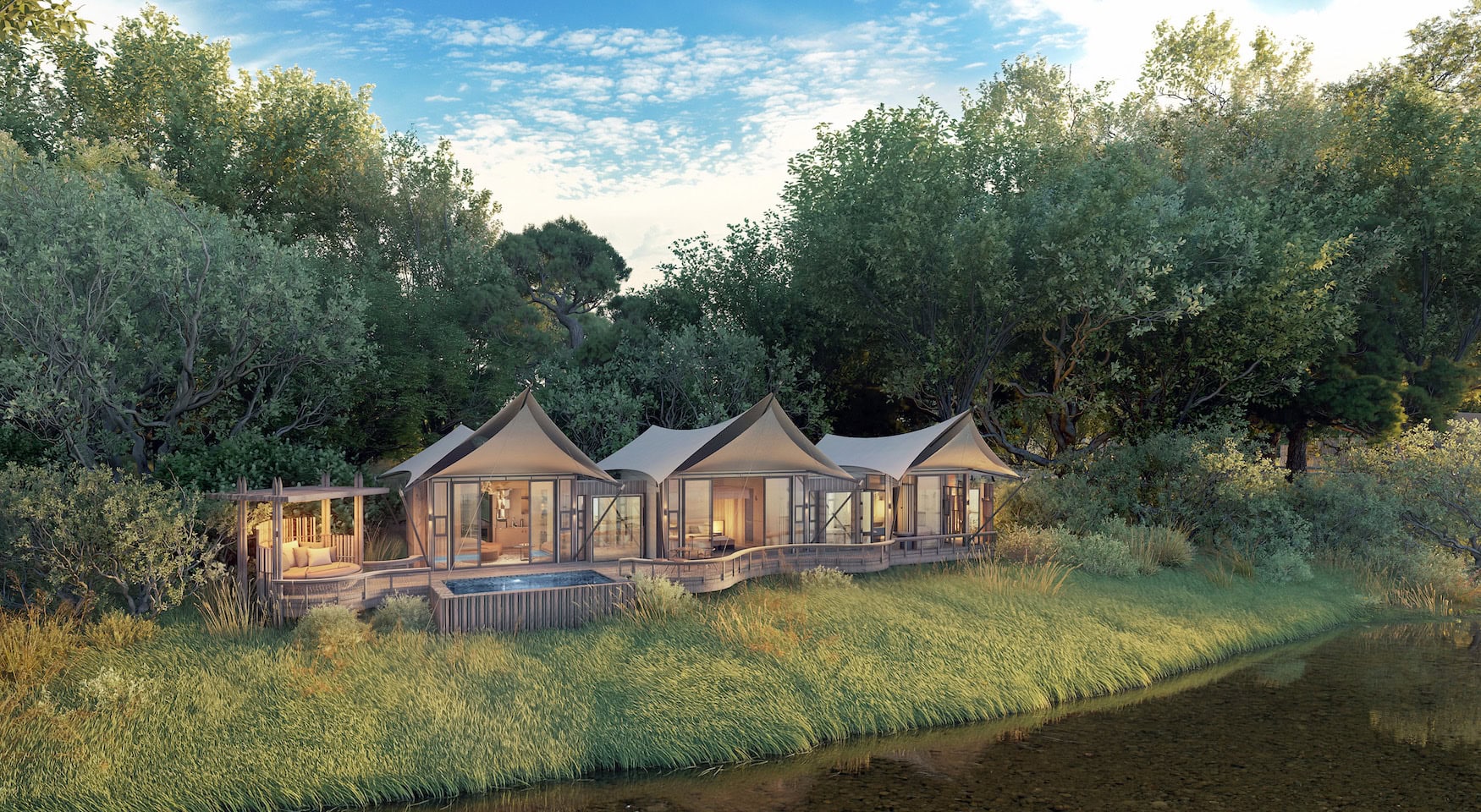 Außenansicht der Suite im neuen Mokolwane Plains Camp von Natural Selection in Botswana