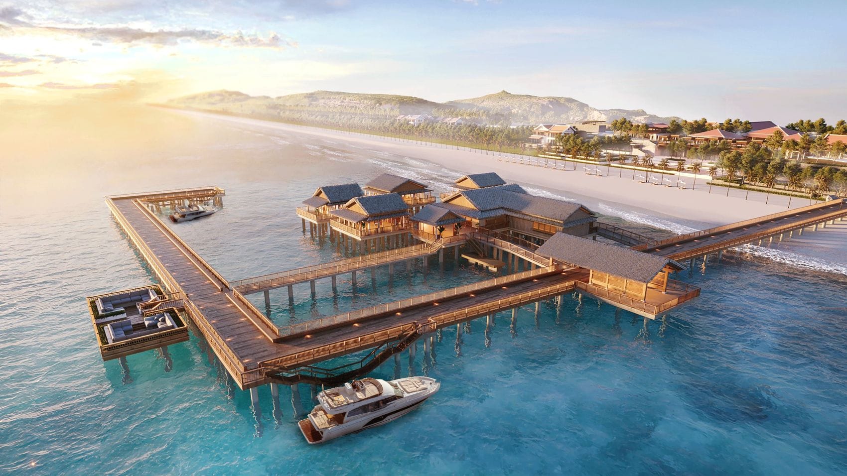 Architekturvisualisierung des Fisherman’s Restaurants im Park Hyatt Phu Quoc in Vietnam mit mehreren Gebäuden auf Stelzen, langen Holzstegen und türkisfarbenem Meer.