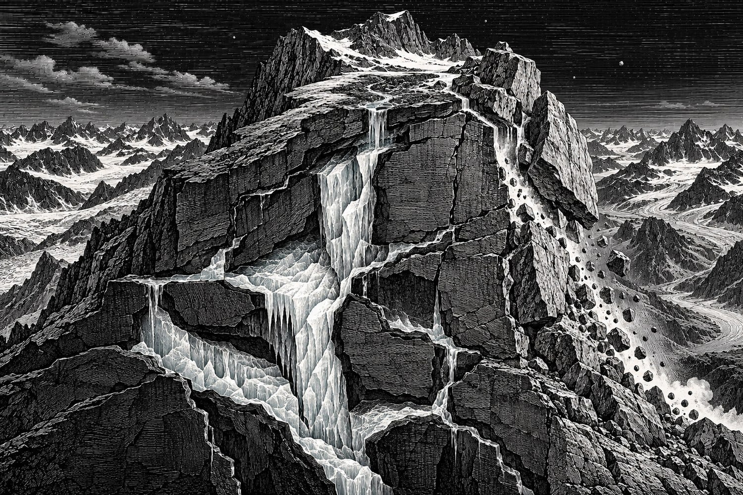Holzstich-Illustration: Hochgebirgsgipfel, in dessen Felsspalten Eis schmilzt. Schmelzwasser rinnt durch die Klüfte, rechts lösen sich Felsblöcke und stürzen ab.