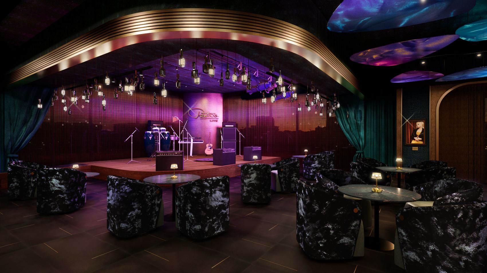 Bühne und Sitzgruppen im Parton’s Live im SongTeller Hotel Nashville